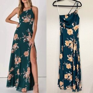 Size XS - Lulus Blessed Blooms Dark Teal Floral‎ One-Shoulder Maxi Dress